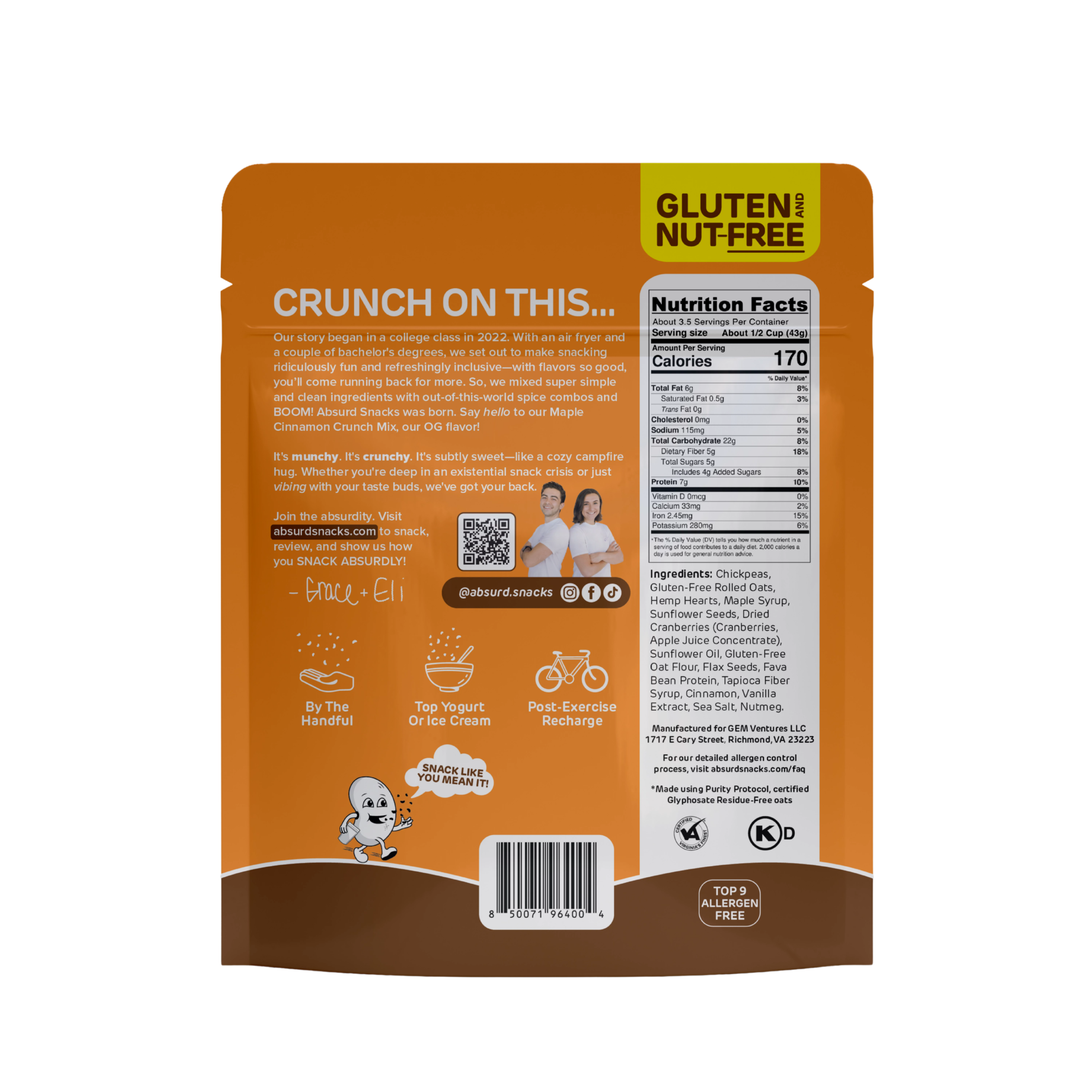 Absurd Snacks: Chickpea & Granola Crunch Mix - Maple Cinnamon(5oz Resealable Pouch)