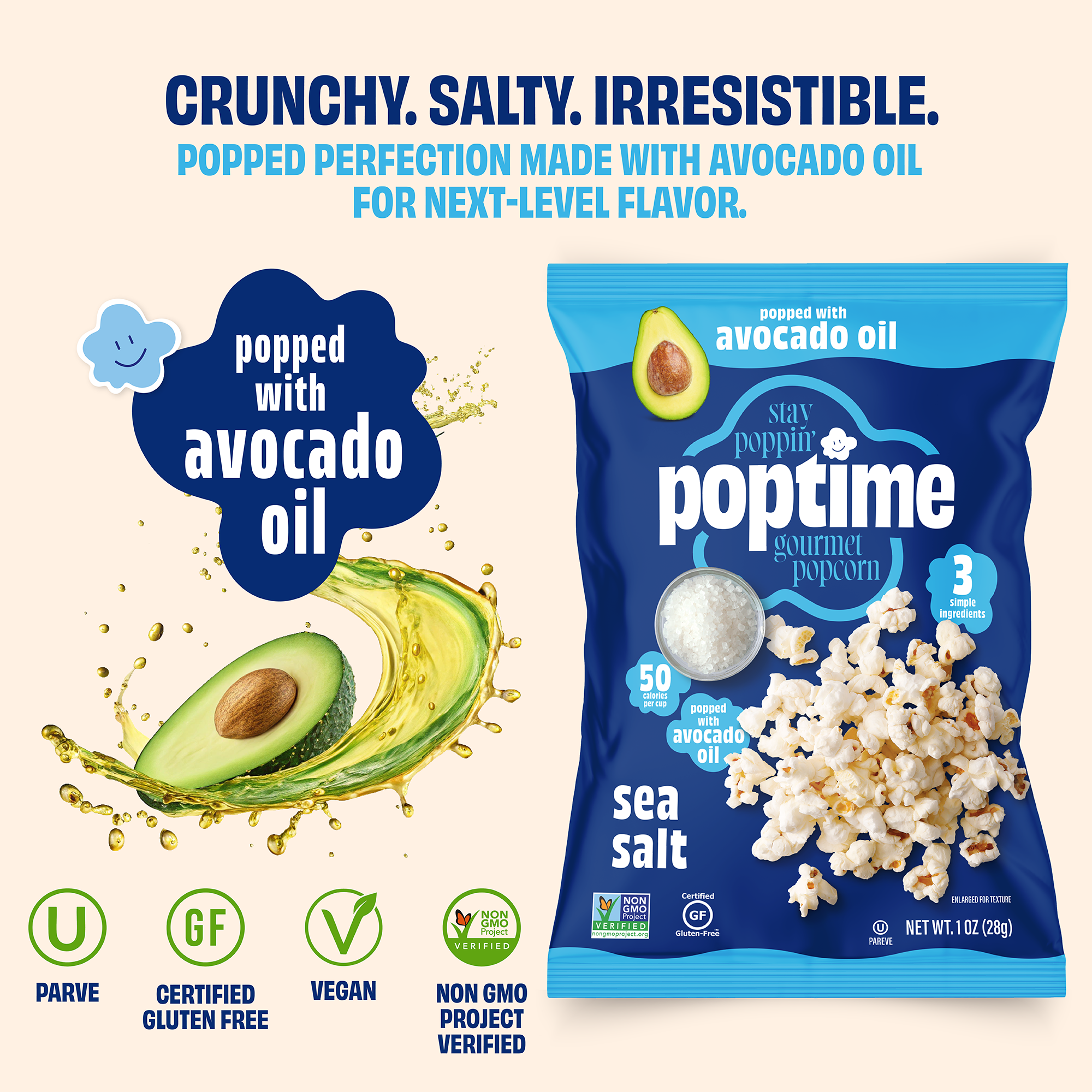 Poptime Sea Salt Popcorn made with avocado oil – (1.0oz snack bag)
