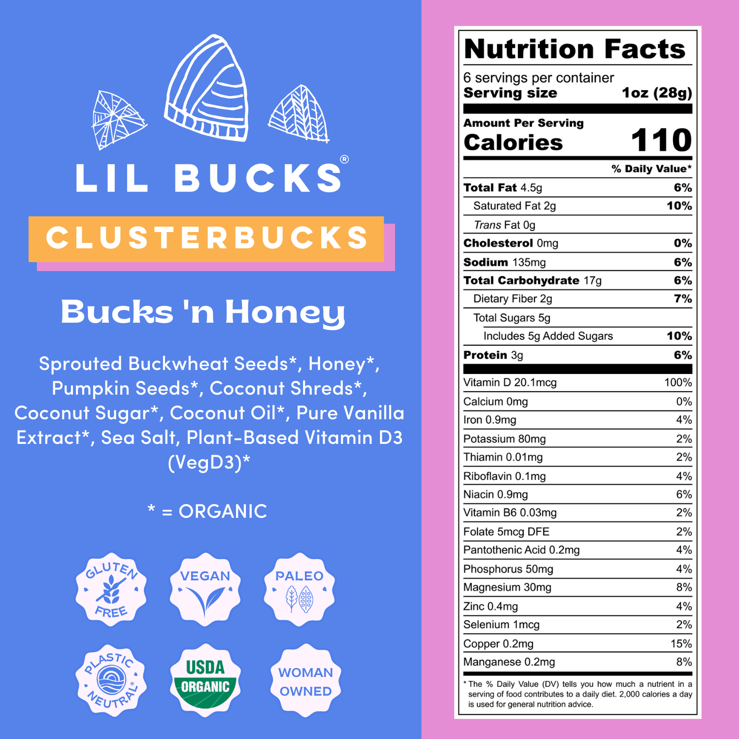 LiL Bucks: Gut Friendly Granola Clusters - Bucks 'n Honey (6oz resealable bag)