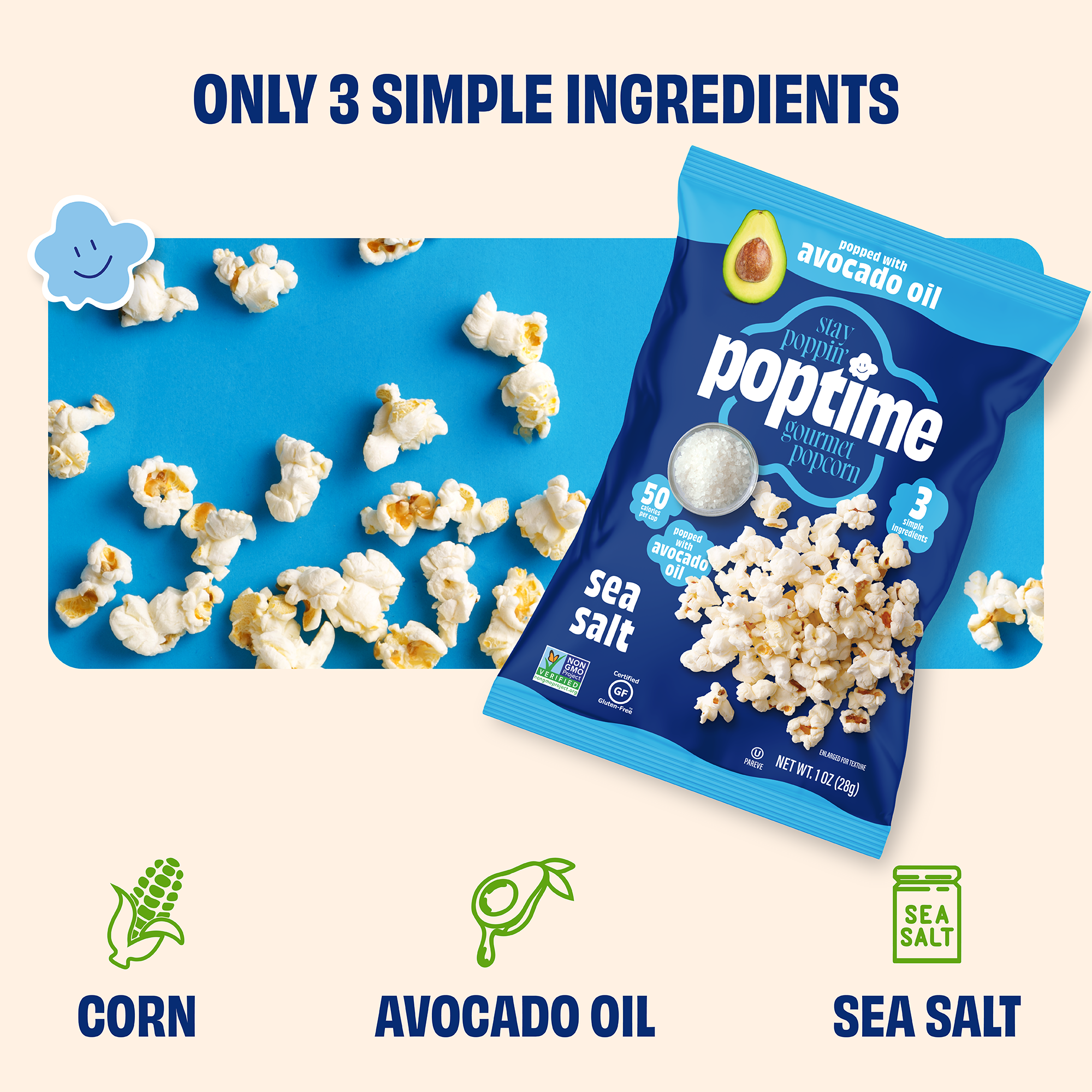 Poptime Sea Salt Popcorn made with avocado oil – (1.0oz snack bag)