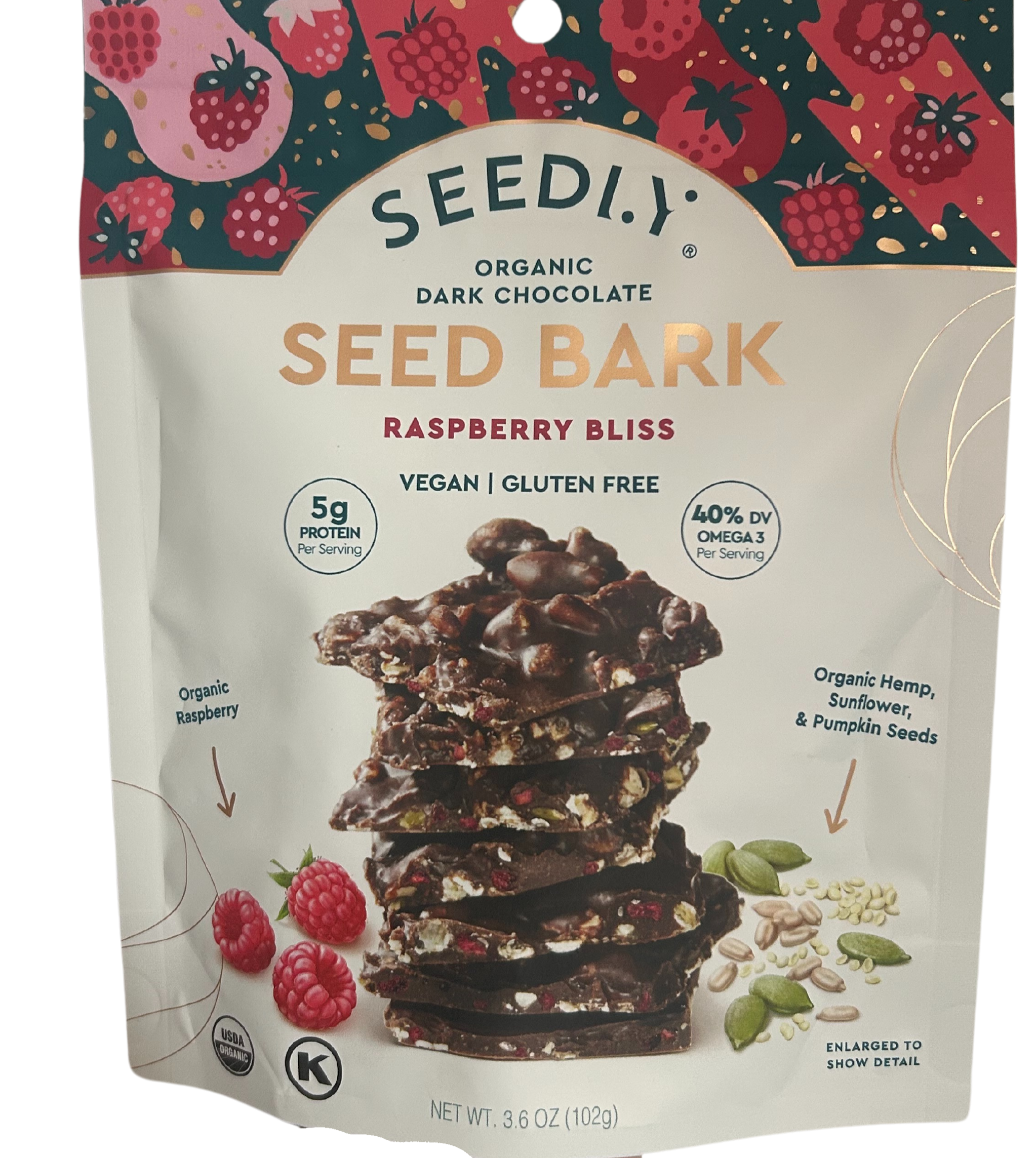 SEEDLY, Raspberry Bliss, Dark Chocolate Bark, 3.6 Oz.