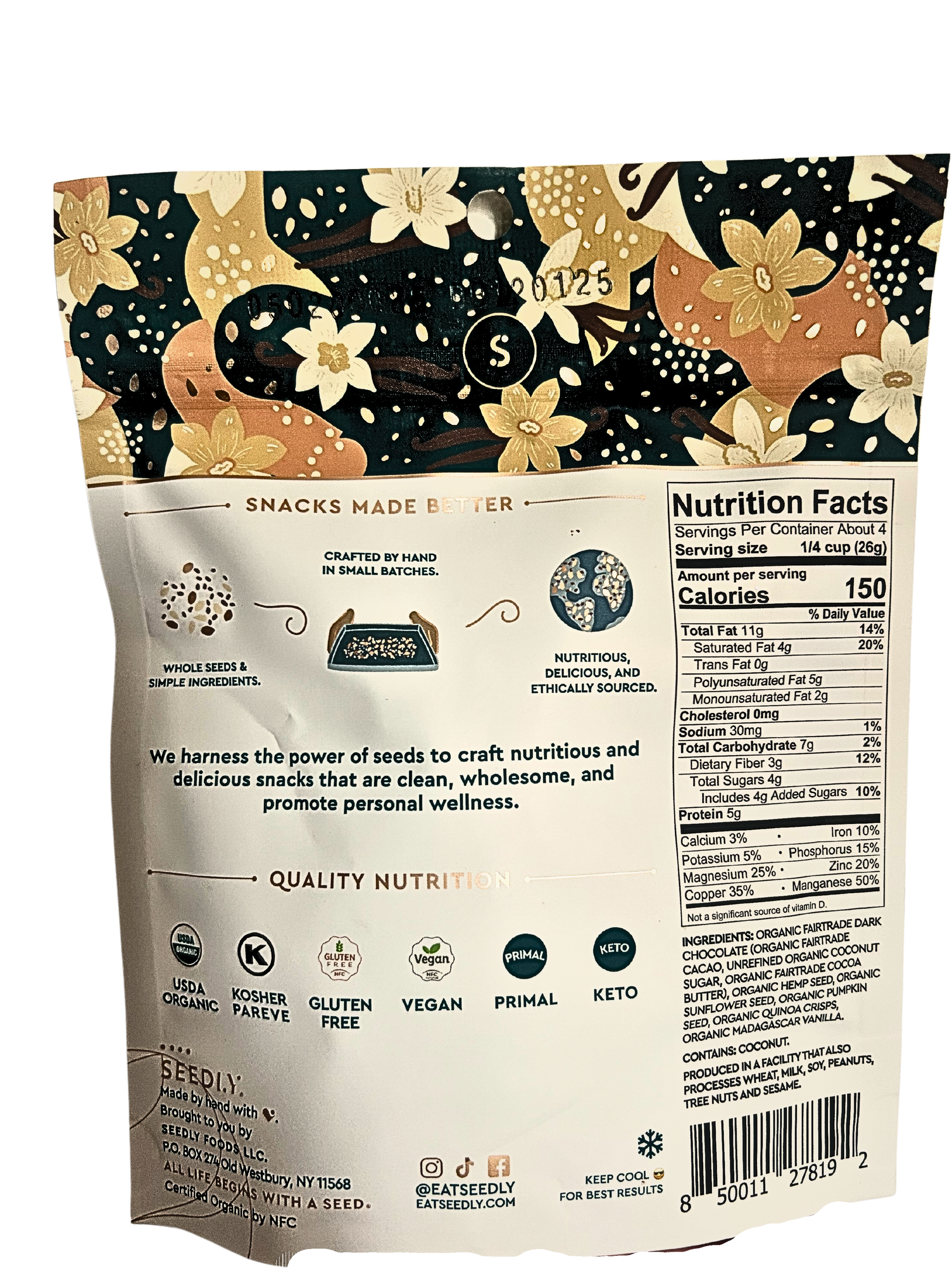 SEEDLY, Vanilla Quinoa Crunch, Dark Chocolate Bark, 3.6 Oz.