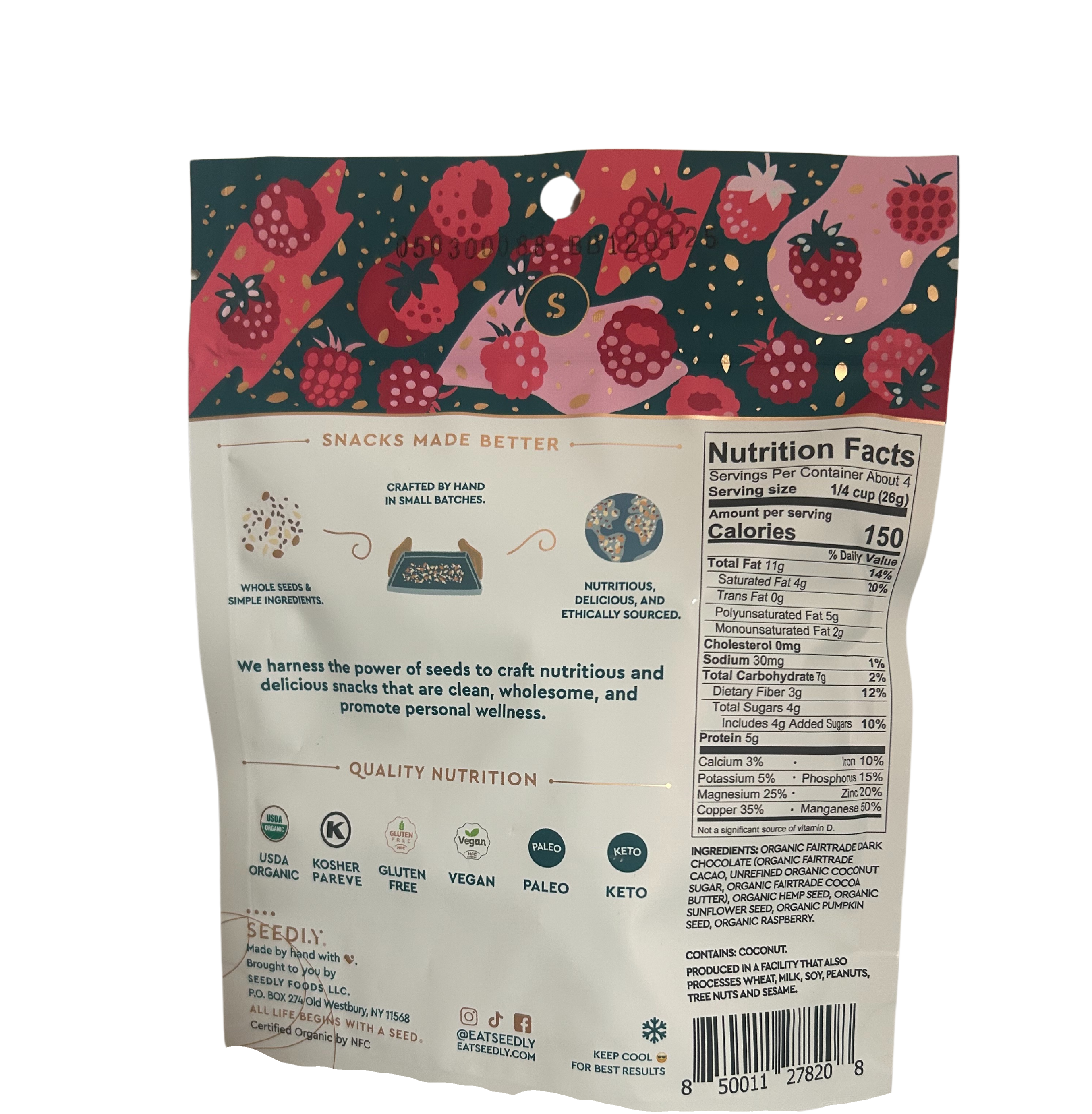 SEEDLY, Raspberry Bliss, Dark Chocolate Bark, 3.6 Oz.