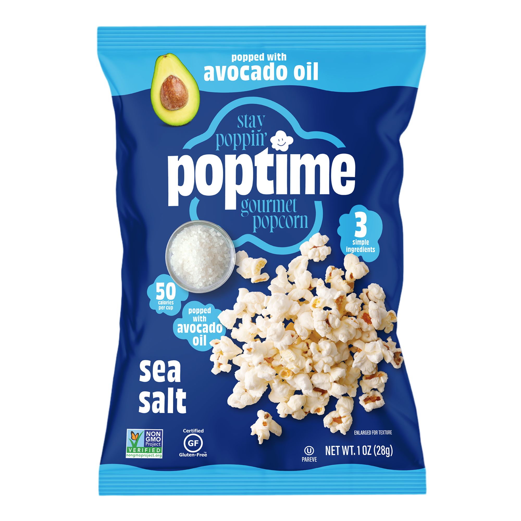 Poptime Sea Salt Popcorn made with avocado oil  – (1.0oz snack bag)