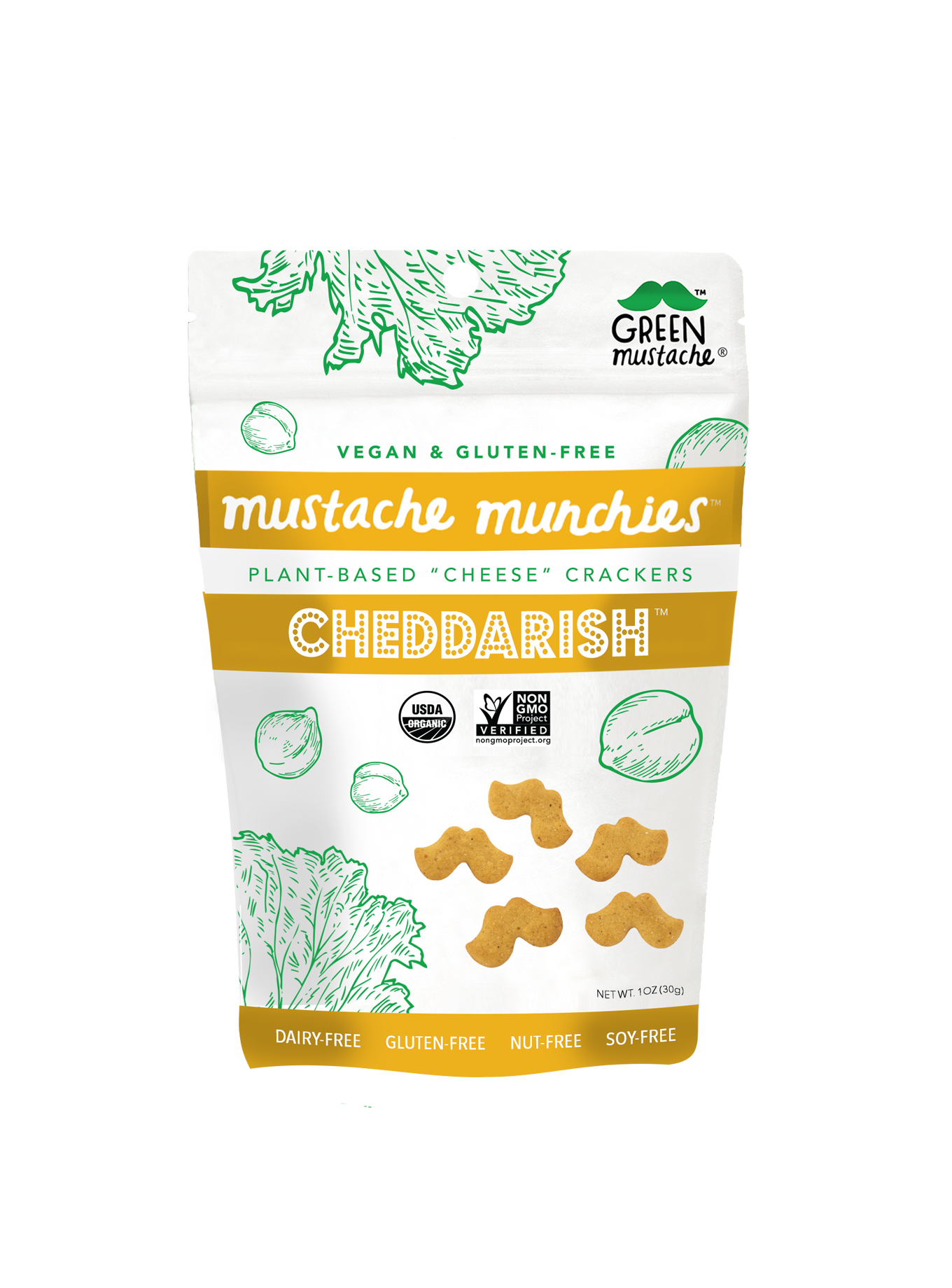 Green Mustache Munchies "Cheddarish" Crackers  (4 oz Bag)