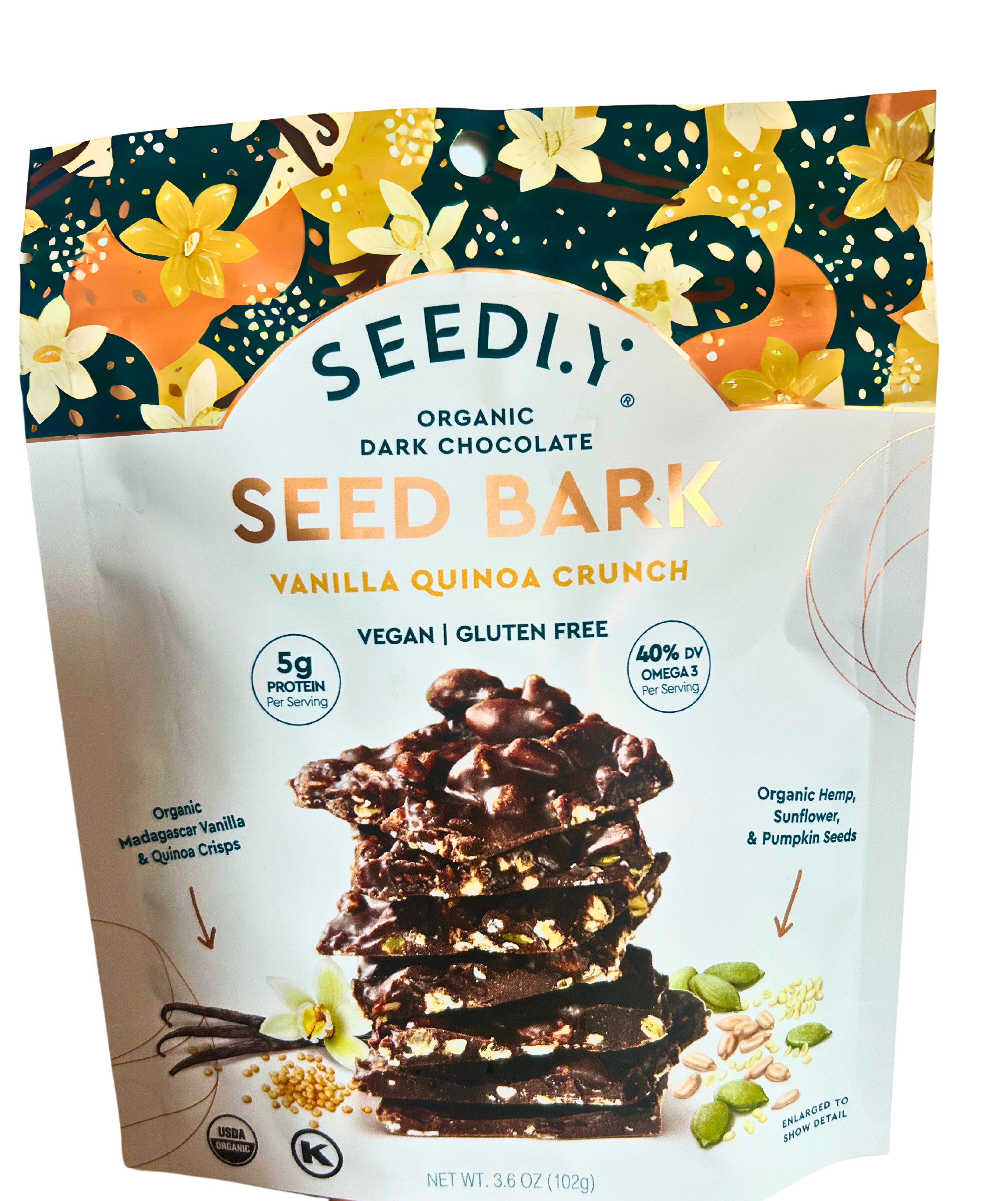 SEEDLY, Vanilla Quinoa Crunch, Dark Chocolate Bark, 3.6 Oz.