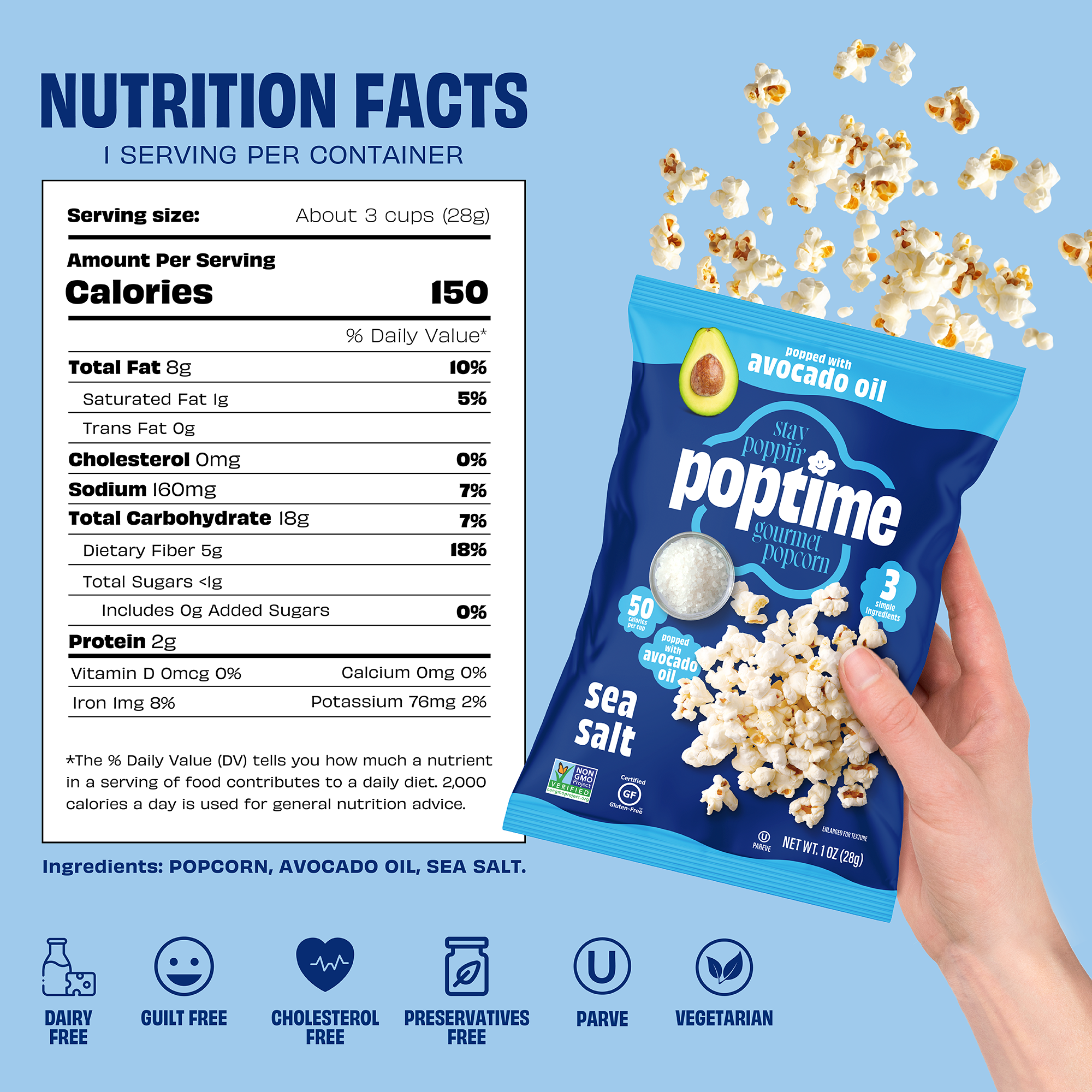 Poptime Sea Salt Popcorn made with avocado oil  – (1.0oz snack bag)