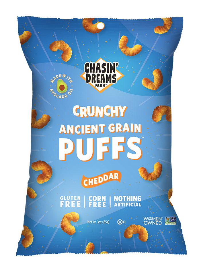 Chasin' Dreams Crunchy Ancient Grain Puffs, Cheddar (3oz Bag)